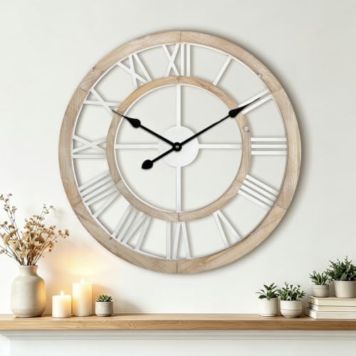 24 Inch Large Rustic Wall Clock Silent Non-Ticking Wooden Wall Clocks with Roman Numerals Farmhouse Decorative Clock for Living Room Bedroom Office (Light Lvory) - color: Light Lvory, size: 24 Inch