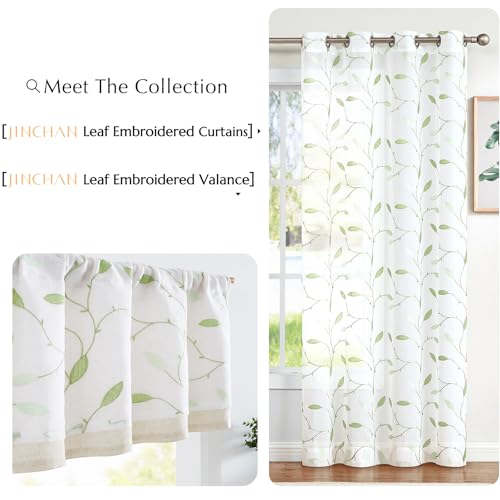 jinchan Sheer Valance Curtain Sage Green Leaf Embroidered 18 Inch 1 Panel - color: Leaves | Green on White