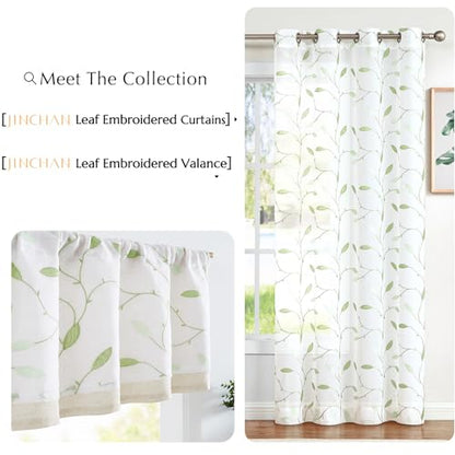 jinchan Sheer Valance Curtain Sage Green Leaf Embroidered 18 Inch 1 Panel - color: Leaves | Green on White