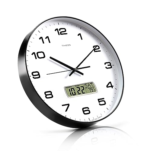 TIMESS 14-Inch Non-Ticking Analog Wall Clock with LCD Display, Black - color: Black, size: 14 Inch