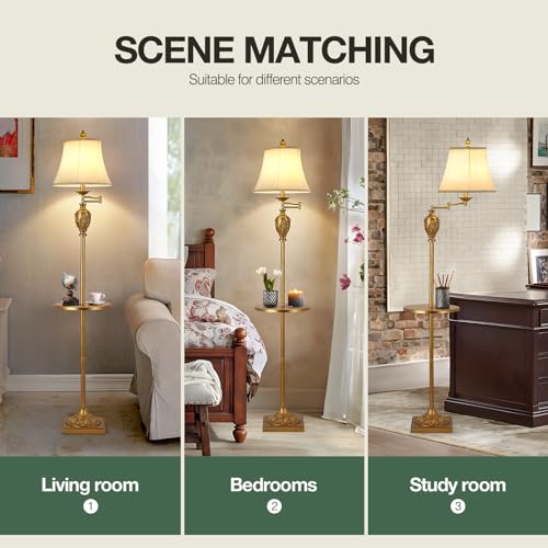 Traditional Floor Lamp with Tray, Remote Dimmable, 350° Swing Arm and Gold - color: Gold-1