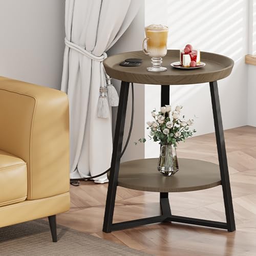 Gadroad Round End Table with Charging Station, Walnut Color - color: Walnut, size: 15.75"D x 15.75"W x 23"H (with Charging Station)