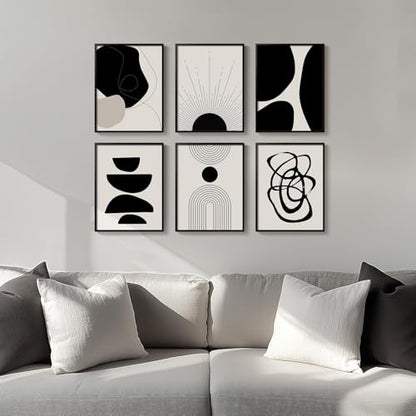 Framed Black and White Modern Abstract Wall Art for Living Room, 6 Pieces - color: Black and White