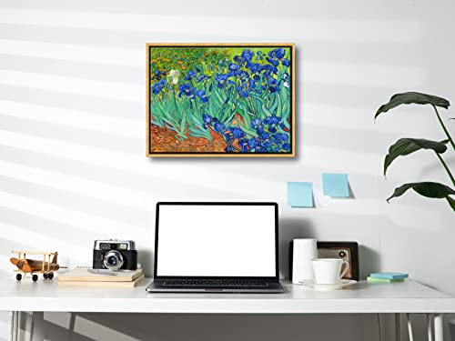 Wieco Art Framed Wall Art Canvas Prints Irises By Van Gogh Famous Flowers Oil Paintings Reproduction Abstract Canvas Prints for Home Living Room Decorations Bronze Gold Frame - size: 16"L x 12"W