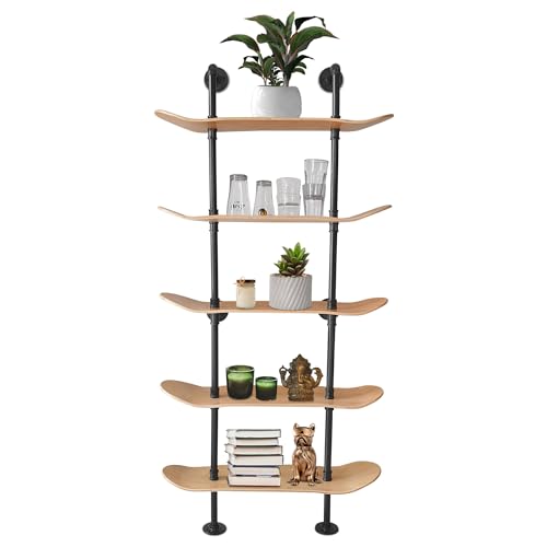 Industrial Pipe Bookcase, 5 Tier Shelf, Natural Wood Stain Finish - size: 5 Tier Shelf