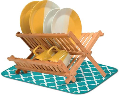 Dish Drying Mat for Kitchen Counter, Large 18 x 14 Absorbent Microfiber Pad - color: Teal Green Trellis