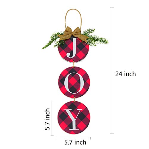LaZimnInc Christmas Decoration JOY Wall Sign, Buffalo Check Plaid Wreath for Front Door Rustic Burlap Wooden Christmas Ornaments for Home Window Wall Farmhouse Indoor Outdoor