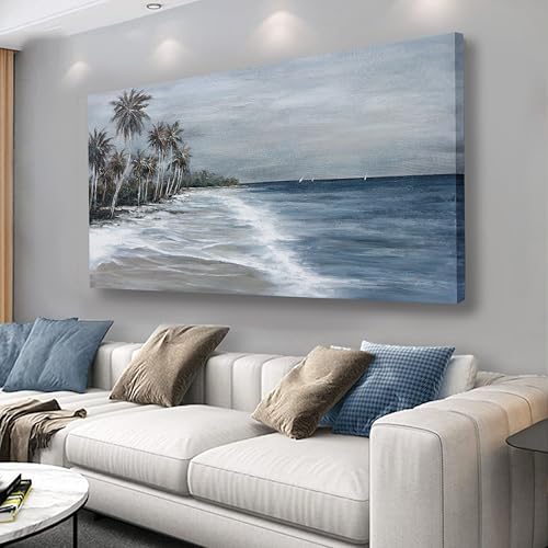 Coastal Wall Art Blue Gray Beach Wall Decor Landscape Abstract Canvas Painting Modern Ocean Artwork Framed for Living Room Bedroom Bathroom Office Decor 20"x40"Can Be Hung Directly - color: Blue Gray, size: 40"L x 20"W