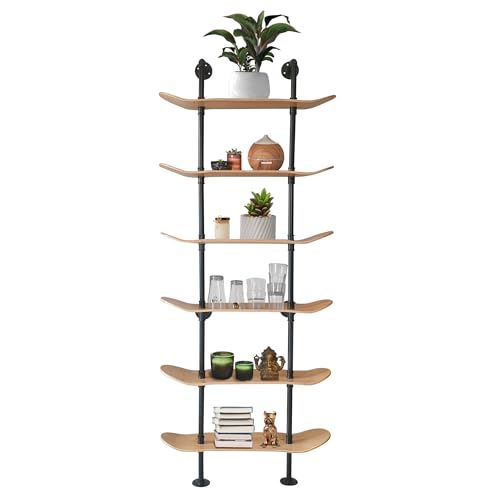 Industrial Pipe Bookcase, 6 Tier Shelf, Natural Wood Stain Finish - size: 6 Tier Shelf