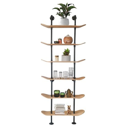 Industrial Pipe Bookcase, 6 Tier Shelf, Natural Wood Stain Finish - size: 6 Tier Shelf