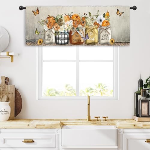 Miyotaa Autumn Fall Pumpkin Flower Kitchen Curtain Valance 54W x 18H Rod Pocket Farmhouse Rustic Harvest Checkered Country Plaid Positive Window Treatment for Living Room Bedroom Bathroom - color: Pumpkin Flower Butterfly, size: 54"W x 18"L (Pack of 1)
