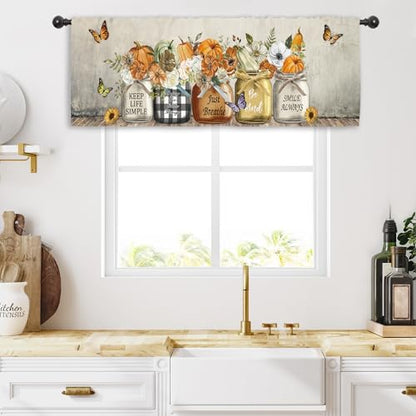 Miyotaa Autumn Fall Pumpkin Flower Kitchen Curtain Valance 54W x 18H Rod Pocket Farmhouse Rustic Harvest Checkered Country Plaid Positive Window Treatment for Living Room Bedroom Bathroom - color: Pumpkin Flower Butterfly, size: 54"W x 18"L (Pack of 1)