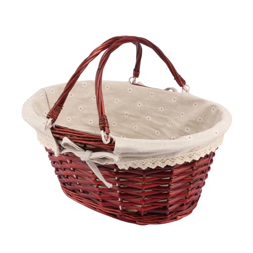 Large Wicker Basket with Handle, 14.2 x 11 x 6.7 inch Wicker Picnic Basket with Liner, Empty Gift Basket, Oval Willow Woven Basket for Fruit, Candy, Wine, Gathering, Wedding, Picnic, by GNIEMCKIN. - size: 1 PCS Large brown