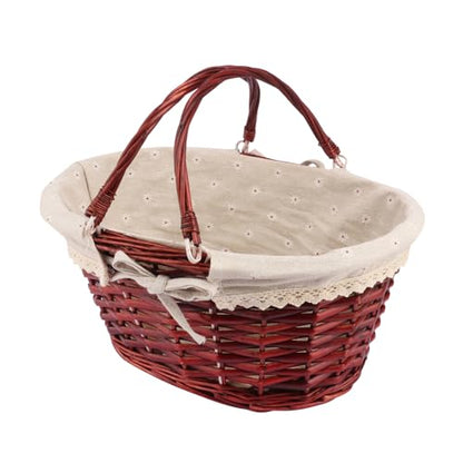 Large Wicker Basket with Handle, 14.2 x 11 x 6.7 inch Wicker Picnic Basket with Liner, Empty Gift Basket, Oval Willow Woven Basket for Fruit, Candy, Wine, Gathering, Wedding, Picnic, by GNIEMCKIN. - size: 1 PCS Large brown