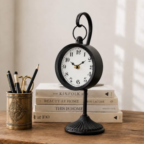 Vintage Farmhouse Table Clock, Black Small Metal Table Clock, Silent Battery Operated Non-Ticking Desk and Shelf Clocks for Living Room, Kitchen, Shelf, Bedroom Decor - color: Black-4