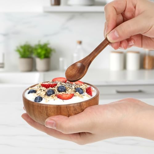 4 Pack Acacia Wooden Bowl with 4 Pcs Spoon 2.5 oz Wooden Dipping Bowls Round Wood Salad Hand Carved Calabash Dip Tray for Condiments, Jam, Nuts, Appetizer, Snack, Yogurt, Ketchup, Barbecue (3.9 Inch) - size: 3.9 Inch