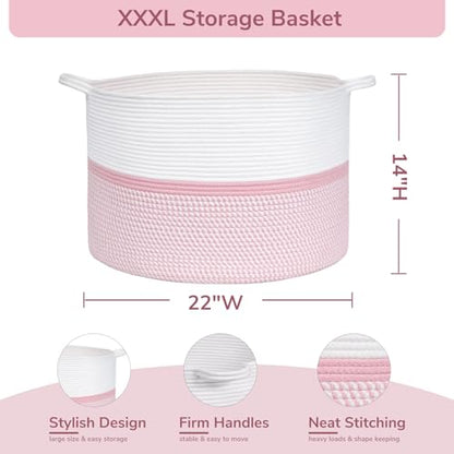 CHICVITA XXL Cotton Rope Woven Blanket Basket with Handles, Pink - color: Pink