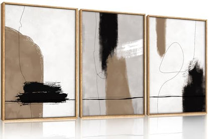 KAIRNE Abstract Neutral Black Brown Framed Canvas Wall Art Set-16"x24"x3 - color: Abstract Wall Art, size: 16"L x 24"W