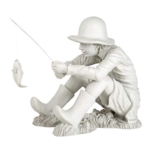 Design Toscano Gone Fishing Fisherman Boy Garden Statue, 17 Inch Tall, Cast Stone Resin, Two Tone Stone Finish - color: Gone Fishing Fisherman
