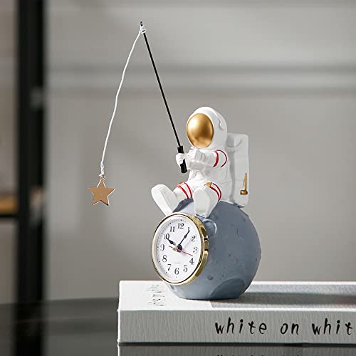 Astronaut Figure Clock for Desktop & Shelf, Battery Operated, Astronaut & Planet Figurine Statue for Office & Outer Space Themed Bedroom Decor, Decorative Small Table Clock, Fishing Star