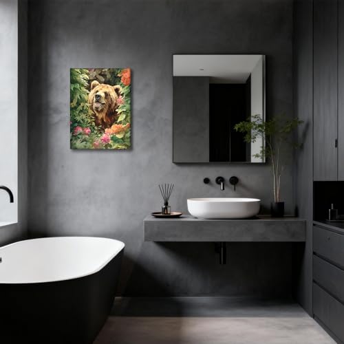 Halioyo Brown Bear Canvas Wall Art, Floral Bear Painting Print(12x16 in) - color: Painting-10, size: 16"L x 12"W