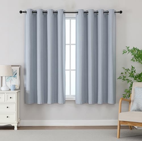 THOOO 100% Blackout Curtains Natural Linen Textured Blackout Curtains 63 Inch Length for Bedroom Living Room Nursery, Farmhouse Thermal Insulated Grommet Curtains Room Darkening 2 Panels,Light Blue - color: Light Blue, size: 52"W x 63"L (Pack of 2)