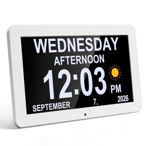 JALL 10" Large Digital Calendar Day Clock for Seniors 2026 - Easy to Read Alzheimer's Dementia Memory Loss Clock for Elderly with IPS Wide Angle，Day & Date, 12 Custom Alarms & Auto-Dimming, White - color: White, size: 10''