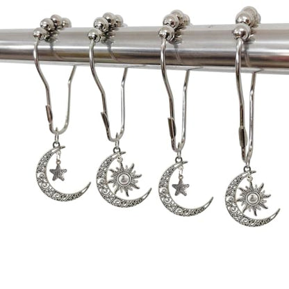 Decorative Sun Moon Celestial Shower Curtain Hooks Rings Set of 12, Silver - color: Silver