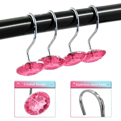 Crystal Diamond Round Shower Curtain Hooks Rings for Bathroom,Pink,12PCS - color: Pink