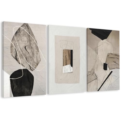 EJPFOGV Triptych Neutral Abstract Wrapped Canvas Wall Art 24x36 inches x3 | Wooden frame, UV-resistant ink, Giclée printing process, Pre-installed hooks make it easy to hang home or office wall decor - color: Between stones, size: 36"L x 24"W