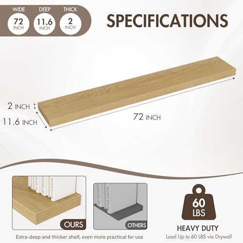 Acovy 72 Inch Floating Shelves, 12" Deep Floating Shelf Wall Mounted, 72" Wall Shelves, Rustic Deep Bookshelf, Extra Deeper & Thicker Display Shelves for Bedroom, Living Room, Oak, Set of 1 - color: Oak, size: 12"Wx72"L-1pc