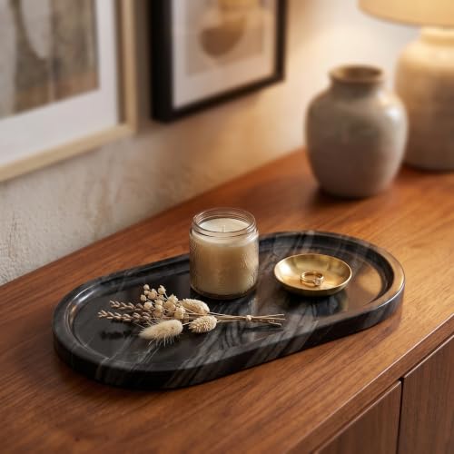 YKAJO Antique Wood Oval Marble Tray, 11.8x5.9 Vanity Perfume Organizer - color: Antique Wood, size: 11.8" x 5.9" x 0.6"