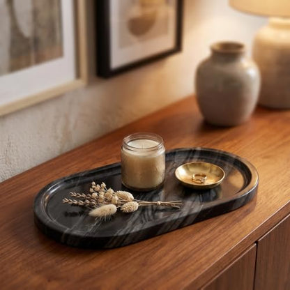 YKAJO Antique Wood Oval Marble Tray, 11.8x5.9 Vanity Perfume Organizer - color: Antique Wood, size: 11.8" x 5.9" x 0.6"