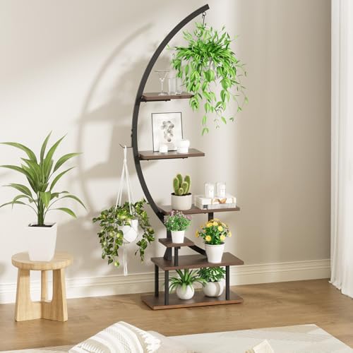 GREENSTELL Plant Stand Indoor with Grow Light, 7-Tiered Tall Metal Plant Stand for Indoor Plants, Half-Moon Shape Display Shelf for Home,Living Room, Patio, Dark Brown (1 Pack) - color: Dark Brown