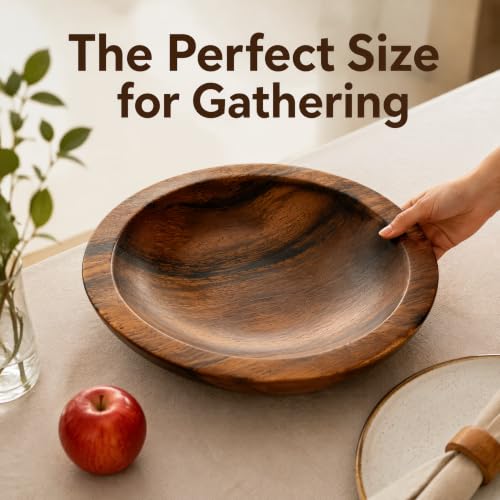 ZENFUN Wooden Decorative Bowl, Walnut Tray Dish Kitchen Dining for Fruit and Salad, Round Hand Crafted Walnutwood Serving Bowl, Home Decor Wood Bowls 10.8" Diameter x 2.6" Height, Seamless