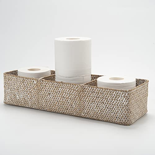 Seagrass Tank Basket for Toilet Paper 3 Sections Woven Storage Basket with Large Compartment Whitewash (16.5inch x 5.5inch x 3.5inch) - color: Whitewash, size: 3 sections no lid