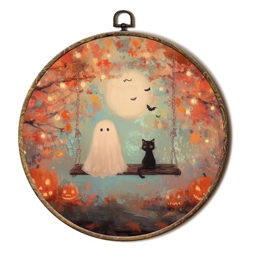 FSTCSV Fall Halloween Ghost Cat Swing Round Wall Art Framed, Autumn Pumpkin Halloween Full Moon Canvas Prints Wall Hanging Art, Whimsical Ghost Black Cat Circle Walls Decor for Home Bedroom, 10x10in - color: color-9