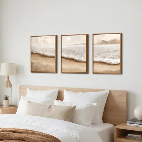 3 Pcs Abstract Beach Coastal Ocean Framed Canvas Wall Art Prints 12"x16" - color: Abstract Beach Coastal Scenery, size: 12"x16"x3Pcs