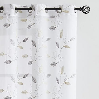 Bujasso Embroidered Leaf Sheer Curtains, Gray Beige 38" Wx84 Lx2 - color: Yellow Grey, size: 38"W x 84"L (Pack of 2)