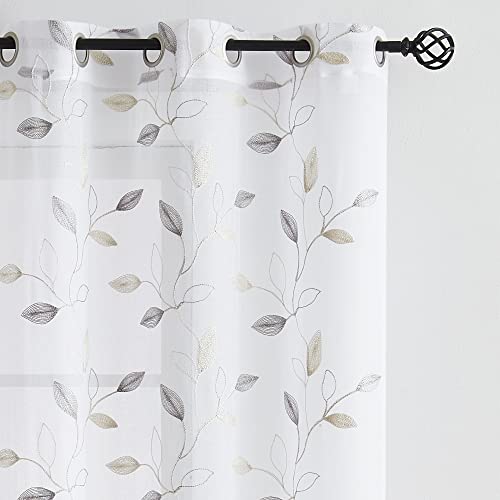 Bujasso Embroidered Leaf Sheer Curtains, Gray Beige 38" Wx96 Lx2 - color: Yellow Grey, size: 38"W x 96"L (Pack of 2)