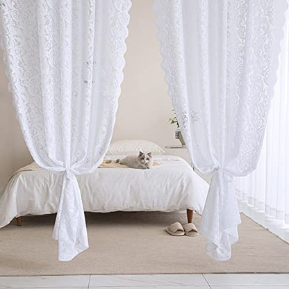 ALIGOGO White Lace Sheer Curtains 80 Inchesn Long, Rustic Floral 2 Panels - color: White 1, size: 52"W x 80"L (Pack of 2)