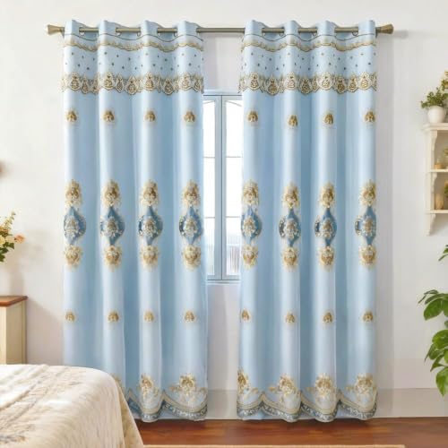 Amidoudou 1 Pair European Double Layer Curtains with Sheer Curtains for Living Room Bedroom Luxury Embroidered Blackout Curtains (Blue,52x84 Inch) - color: Blue, size: 52"W x 84"L (Pack of 2)