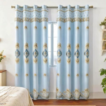 Amidoudou 1 Pair European Double Layer Curtains with Sheer Curtains for Living Room Bedroom Luxury Embroidered Blackout Curtains (Blue,52x84 Inch) - color: Blue, size: 52"W x 84"L (Pack of 2)