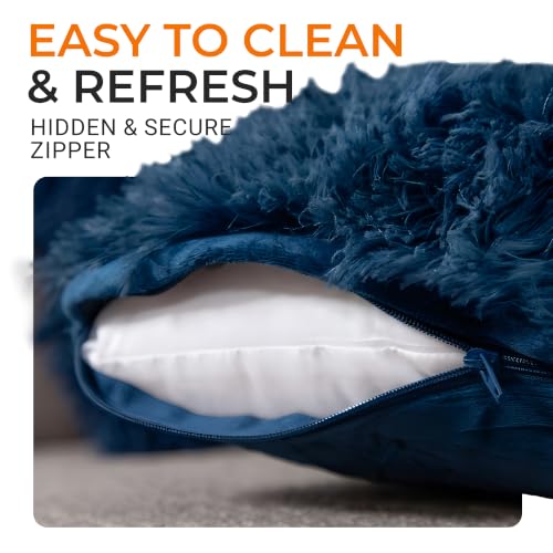 Cheer Collection Throw Pillows for Couch and Bed, Soft Shaggy Throw Pillows with Inserts Included, Cozy Long Hair Faux Fur Pillows - Set of 2-18" x 18" - Navy Blue - color: Navy Blue, size: 18 x 18-Inch