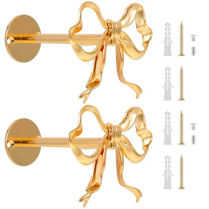 2 Pcs Metal Bow Curtain Tiebacks, Wall Mounted Gold Curtain Holdbacks, Bright Bow Curtain Tiebacks Suitable for Living Room, Bedroom, Study Room, Dormitory