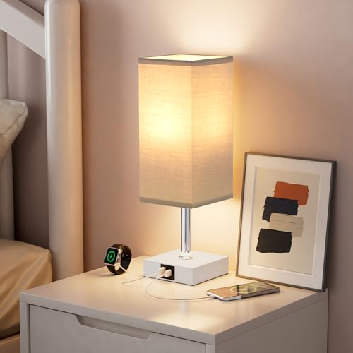 Touch Table Lamp for Bedroom - Dimmable, USB C+A, Grey Lamphade White Base - color: Grey & White