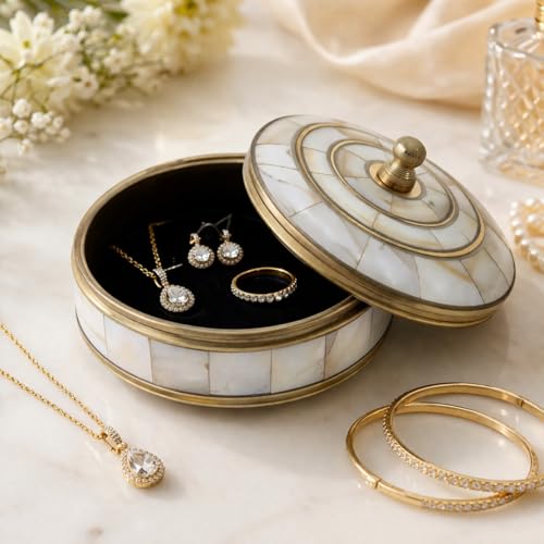 Decorative Jewelry Trinket Box Unique Gift for Home Decor Antique Metal Case with Mother of Pearl Sindoor Box/Coin Box (Single) - color: Single