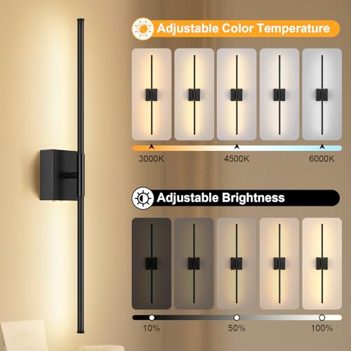 Battery Operated Wall Sconce, 3000K-6000K Dimmable Black Wall Lights with Remote Control, Timable LED Wireless Wall Sconces, 350° Ratate for Bathroom, Living Room, Hallway 29.1 Inch 1 Pack - color: Black, size: 29.1in(1 Pack)