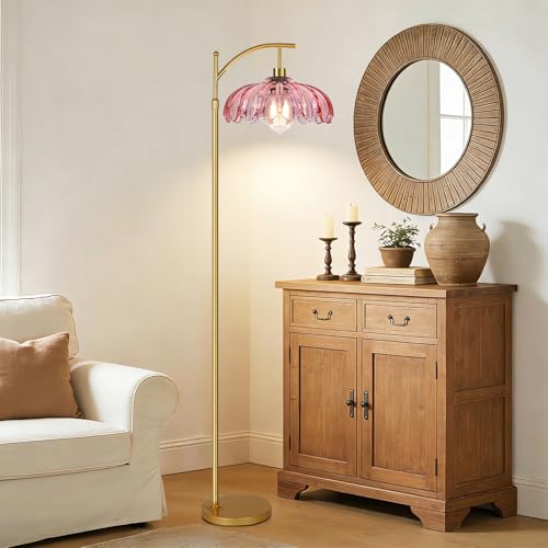 QIYIZM Pink Floor Lamp for Living Room,Bedroom,Gold Dimmable Standing Lamp with Remote,Mid Century Modern Brass Tall Lamp Boho Floor Lamps Arc Stained Glass Flower Floor Light Lamp Girls kids Bohemian - size: Floor Lamp--4
