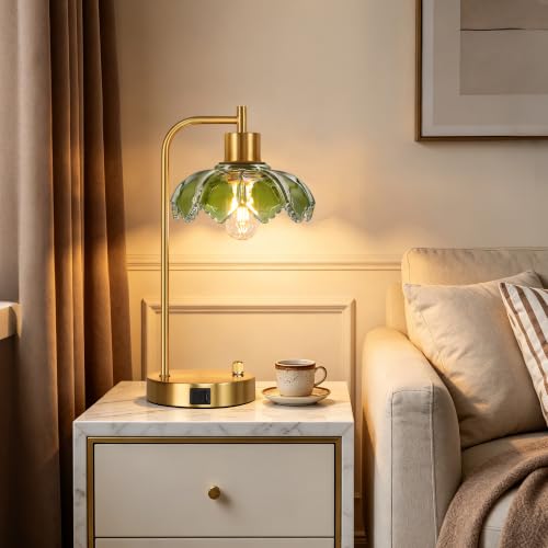 Glass Table Lamps Set of 2, Green Dimmable Bedside Lamps for Living Room - color: Gold&Green-2